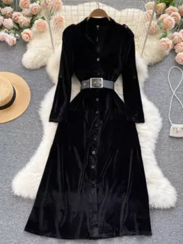 Женское бархатное платье-карандаш средней длины, черное утолщенное однобортное офисное платье с длинным рукавом и поясом, Осень-зима