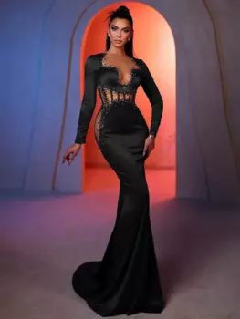 Женское бархатное платье макси с длинным рукавом и стразами