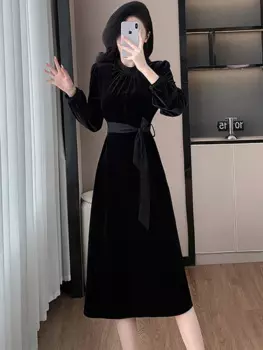 Женское бархатное платье-миди с длинным рукавом и бантом