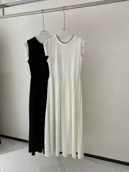 Женское белое платье с бусинами, элегантное платье миди без рукавов с круглым вырезом