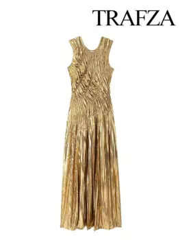 Женское блестящее длинное платье с круглым вырезом, без рукавов