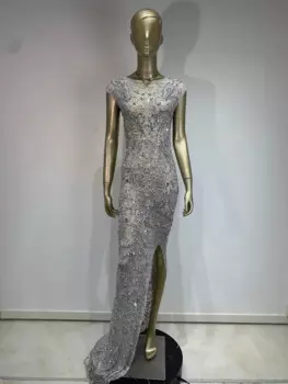 Женское блестящее длинное платье с серебряными бриллиантами, сексуальное прозрачное женское платье без рукавов для вечеринки, дня рождения, костюм певицы, сценического шоу