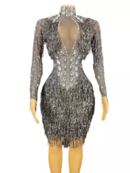 Женское блестящее платье с бахромой, черного цвета