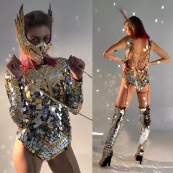 Женское боди для танца на шесте, золотистое/серебристое боди с зеркальным покрытием, танцевальный костюм Gogo, сценический костюм Rave, Клубная одежда XS7515