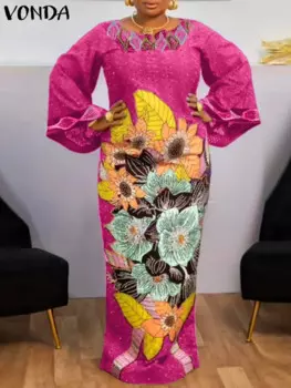 Женское богемное платье-макси VONDA, Осеннее винтажное повседневное Свободное платье с цветочным принтом и длинным Расклешенным рукавом, свободное женское платье 2024