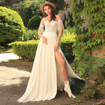 Женское богемное свадебное платье, летнее ТРАПЕЦИЕВИДНОЕ ПЛАТЬЕ С Боковым Разрезом, сексуальное шифоновое платье на бретельках со шнуровкой сзади