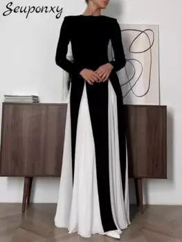 Женское черное платье с круглым вырезом, длинным рукавом