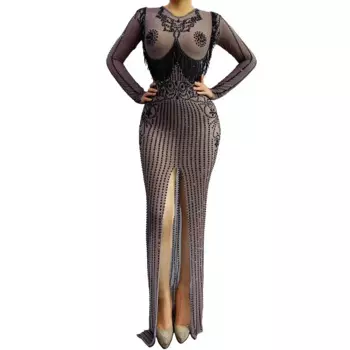 Женское черное стрейчевое платье-Ципао с разрезом