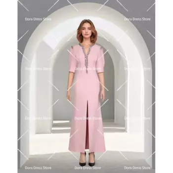 Женское длинное атласное платье, вечернее платье макси из крепа с полурукавами, розовое платье с бусинами и разрезом спереди, праздничное платье с кристаллами, новинка 2024