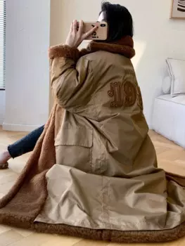 Женское длинное двухстороннее шерстяное пальто, винтажное лоскутное пальто с мишкой Тедди, свободная куртка из натурального меха, 2023