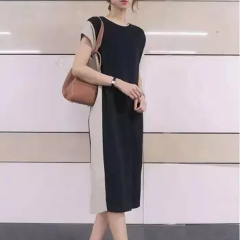 Женское длинное летнее платье, элегантное модное эстетичное шикарное платье контрастных цветов, строченное минималистичное платье с круглым вырезом и коротким рукавом