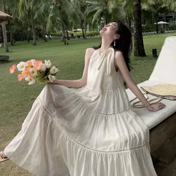 Женское длинное летнее шифоновое Повседневное платье в полоску с лямкой на шее