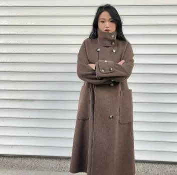 Женское длинное пальто из 100% шерсти, модное двухстороннее шерстяное пальто с высоким воротником