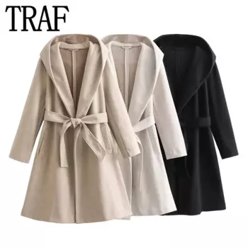 Женское длинное пальто с капюшоном, на осень/зиму