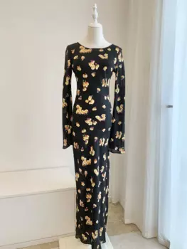 Женское длинное платье-футляр из 100% шелка с длинным рукавом