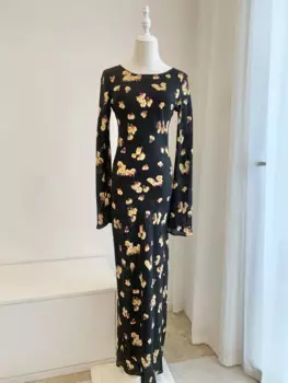 Женское длинное платье-футляр из 100% шелка с длинным рукавом