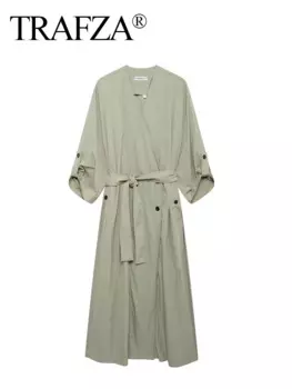 Женское длинное платье-рубашка с поясом и V-образным вырезом