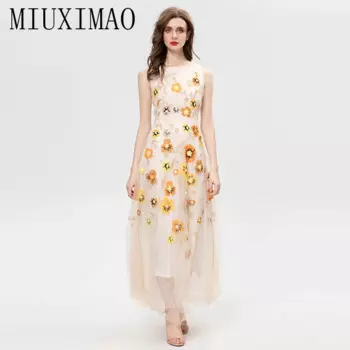 Женское длинное платье с цветочной вышивкой, без рукавов