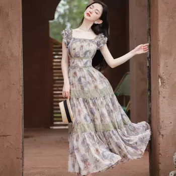 Женское длинное платье с цветочным принтом, Элегантное летнее платье во французском стиле с квадратным вырезом и пышными рукавами, праздничное платье Бохо с высокой талией