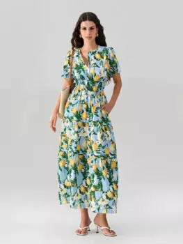 Женское длинное платье с коротким рукавом и V-образным вырезом