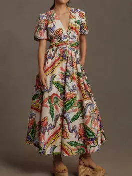 Женское длинное платье с коротким рукавом и V-образным вырезом