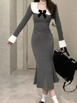 Женское длинное платье с круглым вырезом, длинным рукавом