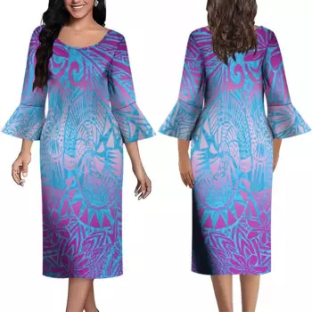 Женское длинное платье с круглым вырезом, Расклешенным рукавом