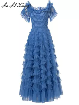 Женское длинное платье с открытой спиной Seasixiang, летнее дизайнерское Сетчатое платье с вырезом лодочкой и коротким рукавом, ярко-красное элегантное платье с оборками