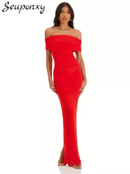 Женское длинное платье с открытыми плечами, красное Сетчатое плиссированное платье с коротким рукавом, элегантное платье