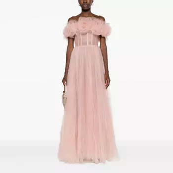 Женское длинное платье с открытыми плечами, Длинное Элегантное платье из мягкой тюлевой ткани с цветами розы