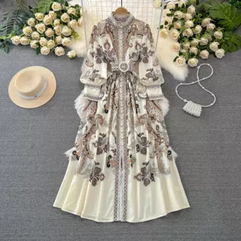 Женское длинное платье с поясом, элегантное Привлекательное платье макси с воротником-стойкой, длинным рукавом и цветочным принтом, праздничное платье в стиле бохо, Плать с цветами