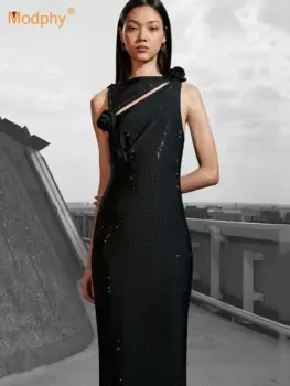 Женское длинное платье с разрезом, облегающее ажурное платье без рукавов с высокой талией