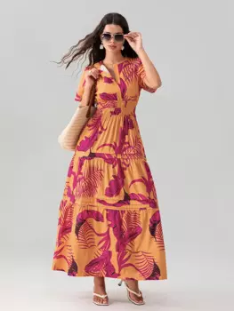 Женское длинное платье с V-образным вырезом и коротким рукавом