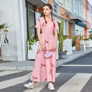 Женское длинное платье с V-образным вырезом, коротким рукавом