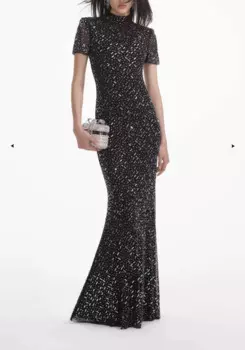 Женское длинное платье со стразами, модное роскошное платье макси с коротким рукавом