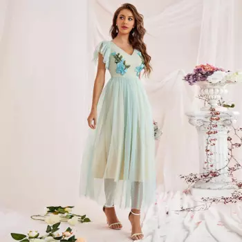 Женское длинное Сетчатое платье с V-образным вырезом, высокой талией и коротким рукавом, модное летнее платье 2023