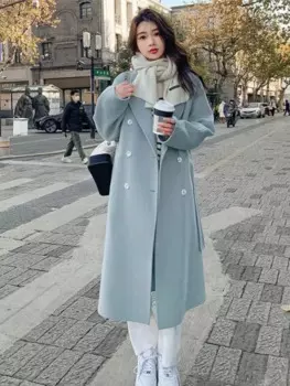 Женское двубортное пальто с поясом, однотонное Свободное пальто с длинным рукавом и лацканами в Корейском стиле, теплая одежда на осень и зиму