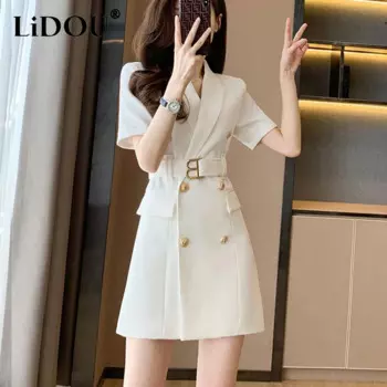 Женское двубортное платье с поясом, элегантное однотонное платье мини с коротким рукавом, лето