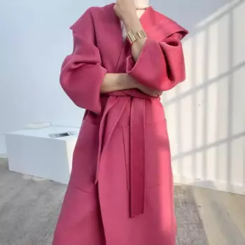 Женское двухстороннее кашемировое пальто, винтажное элегантное свободное шерстяное пальто с капюшоном, Осень-зима