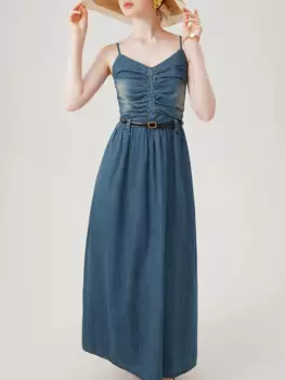 Женское джинсовое платье без рукавов, с поясом, в стиле ретро