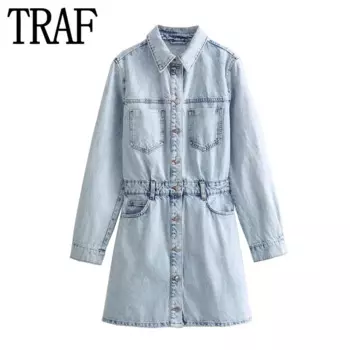 Женское джинсовое платье-рубашка с длинным рукавом, из денима