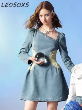 Женское джинсовое платье с длинным рукавом, в стиле ретро
