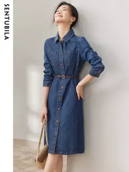 Женское джинсовое платье с длинным рукавом, на пуговицах