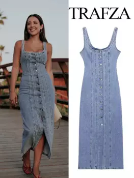 Женское джинсовое платье с круглым вырезом, без рукавов