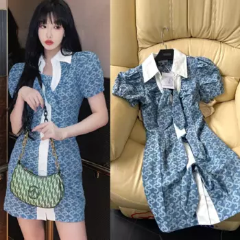 Женское джинсовое платье с V-образным вырезом и пышными рукавами