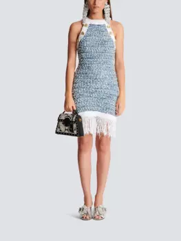 Женское джинсовое твидовое платье с круглым вырезом, без рукавов