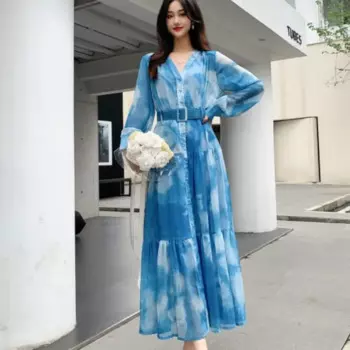 Женское французское платье с V-образным вырезом, новый дизайн 2024, облегающее шифоновое праздничное платье с асимметричным поясом и широкой юбкой