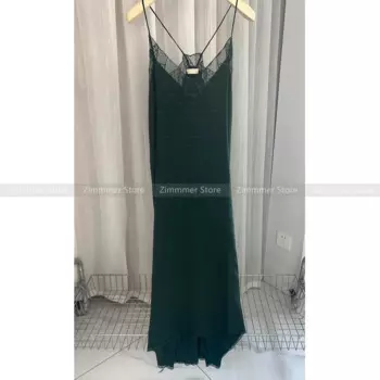 Женское французское романтическое шелковое лоскутное платье с V-образным вырезом, темно-зеленое жаккардовое длинное платье на бретельках спереди и сзади