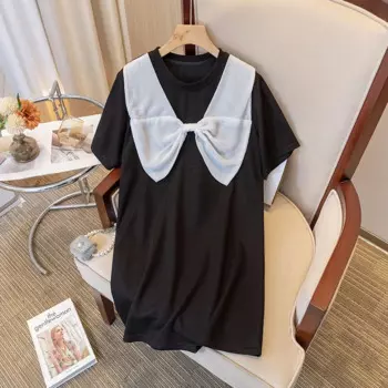 Женское хлопковое мини-платье-футболка с круглым вырезом и коротким рукавом