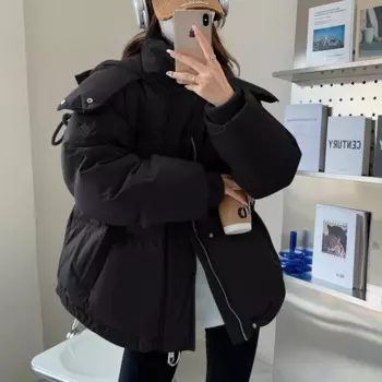 Женское хлопковое пальто, новинка зимы 2023, модное серое короткое свободное и теплое пуховое хлопковое пальто с капюшоном, Женское пальто с хлебом